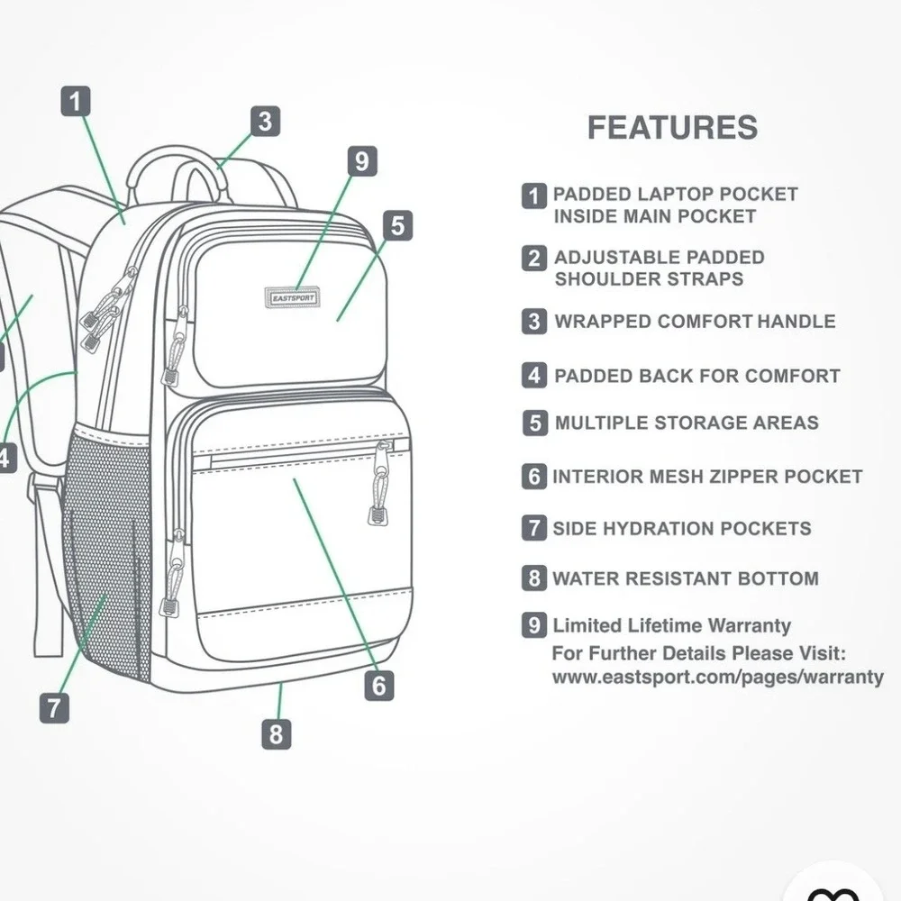 Eastport‎ Aurora Core Backpack Black Padded Laptop Straps Water Resistant Bottom